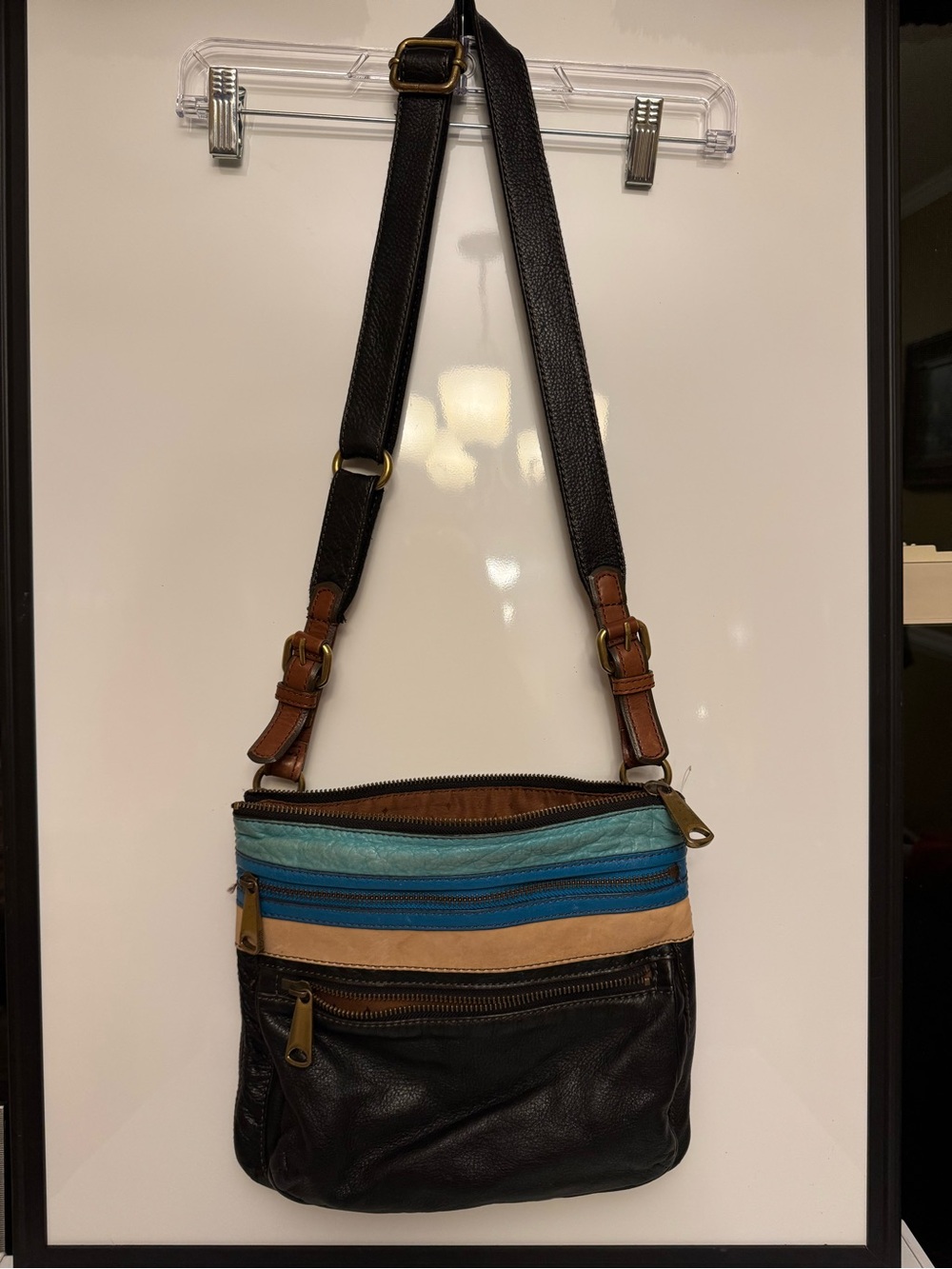 Vtg Fossil Pebbled Cowhide Leather Crossbody Colorblock Shoulder Bag